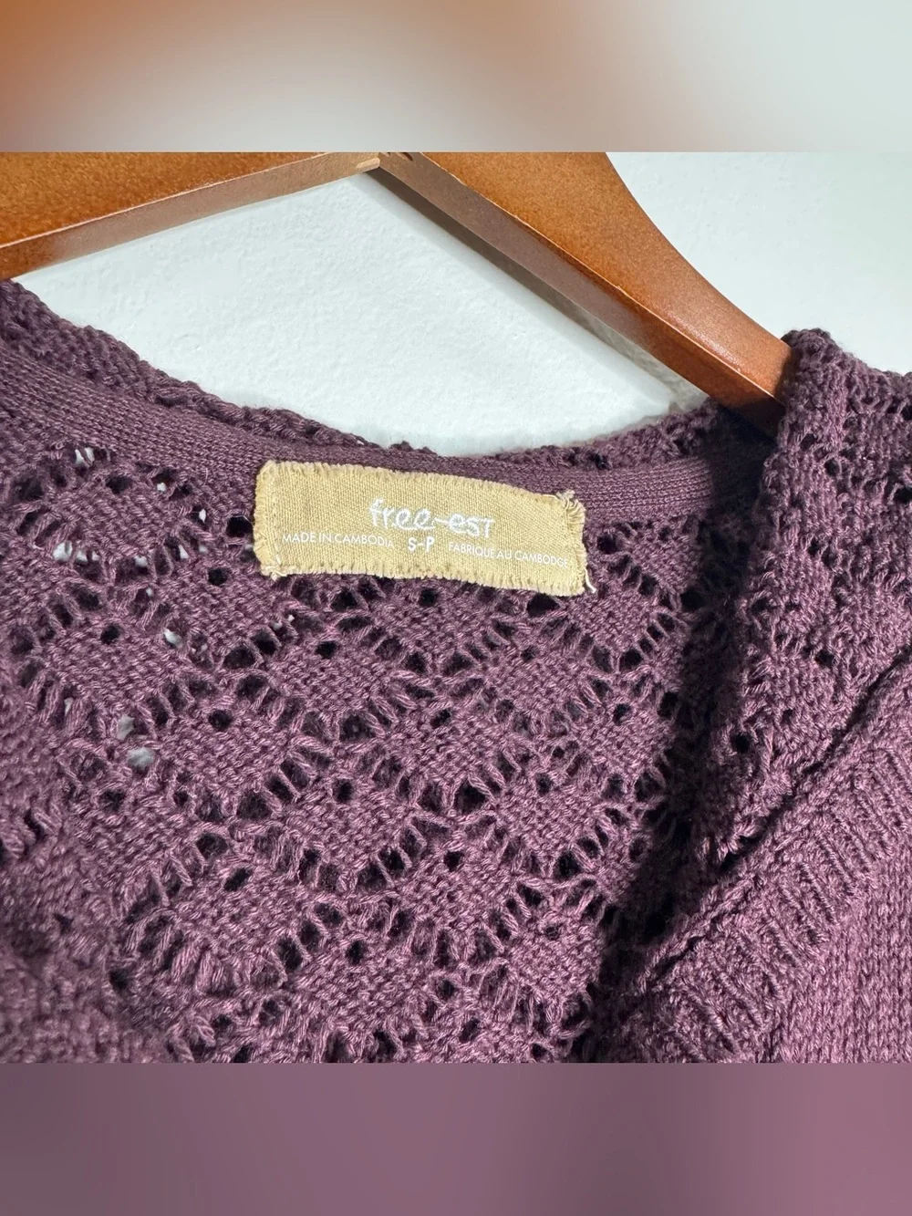 Free People Crochet Hooded Henley Sweater Plum Purple Cotton Blend Beach Small